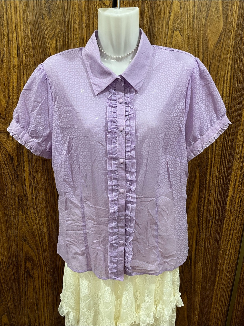 Jessica Lavender Ruffle-Front Short Sleeve Blouse